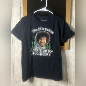 Bob Ross No Mistakes Just Happy Accidents Distressed Womens Black T-Shirt Small